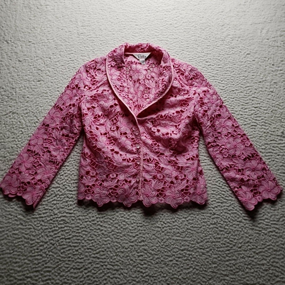 Lilly Pulitzer Blazer Jacket Womens 2 Pink Lace Floral Button Lined Short